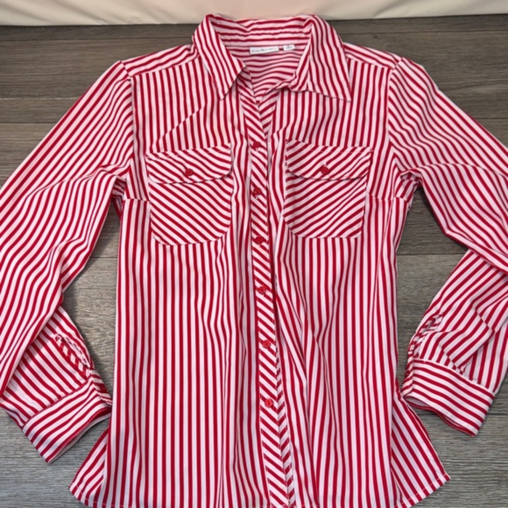 Red and White Striped Button Down Shirt woman’s small - Picture 1 of 6